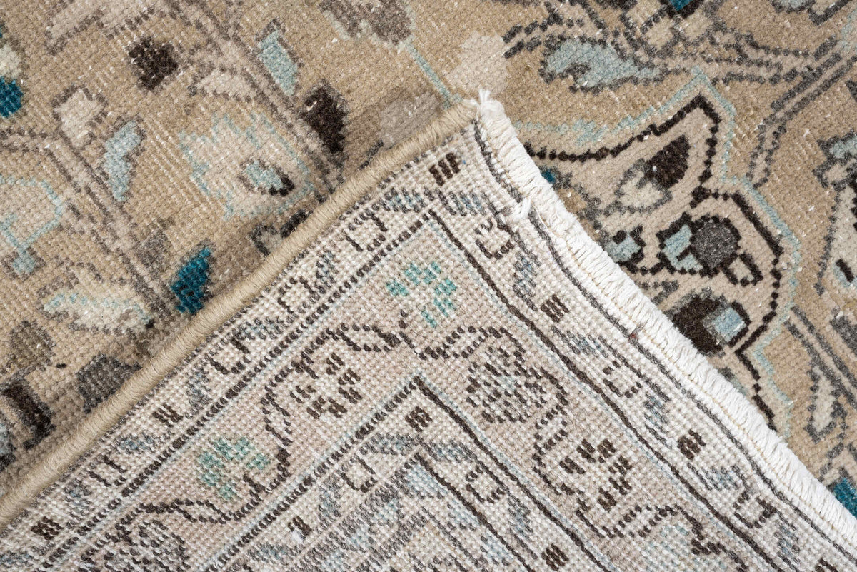 2' x 4' one-of-a-kind handmade antique Sarouk small size rug. Color palette: ivory, taupe, dark brown, teal, blue gray