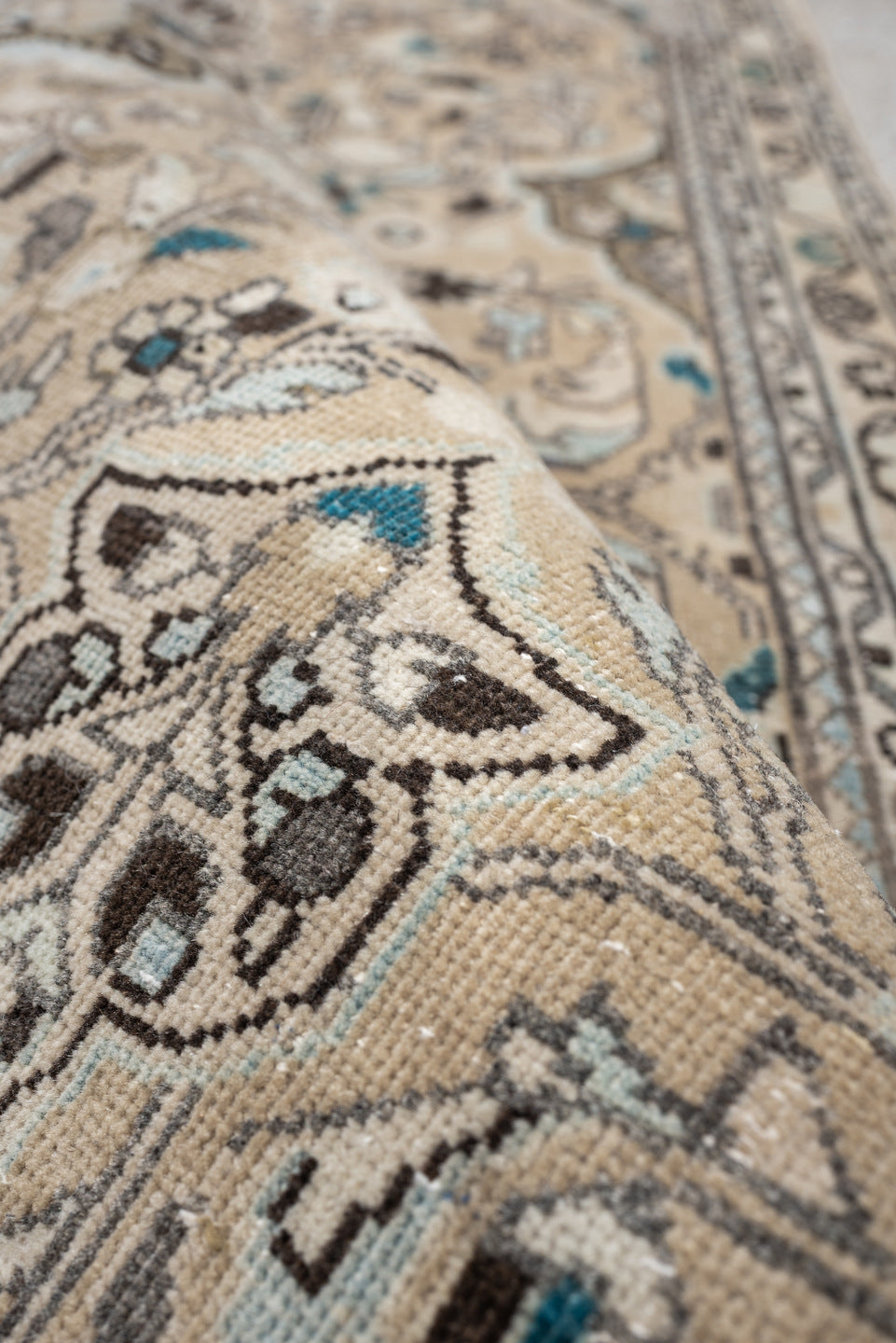 2' x 4' one-of-a-kind handmade antique Sarouk small size rug. Color palette: ivory, taupe, dark brown, teal, blue gray