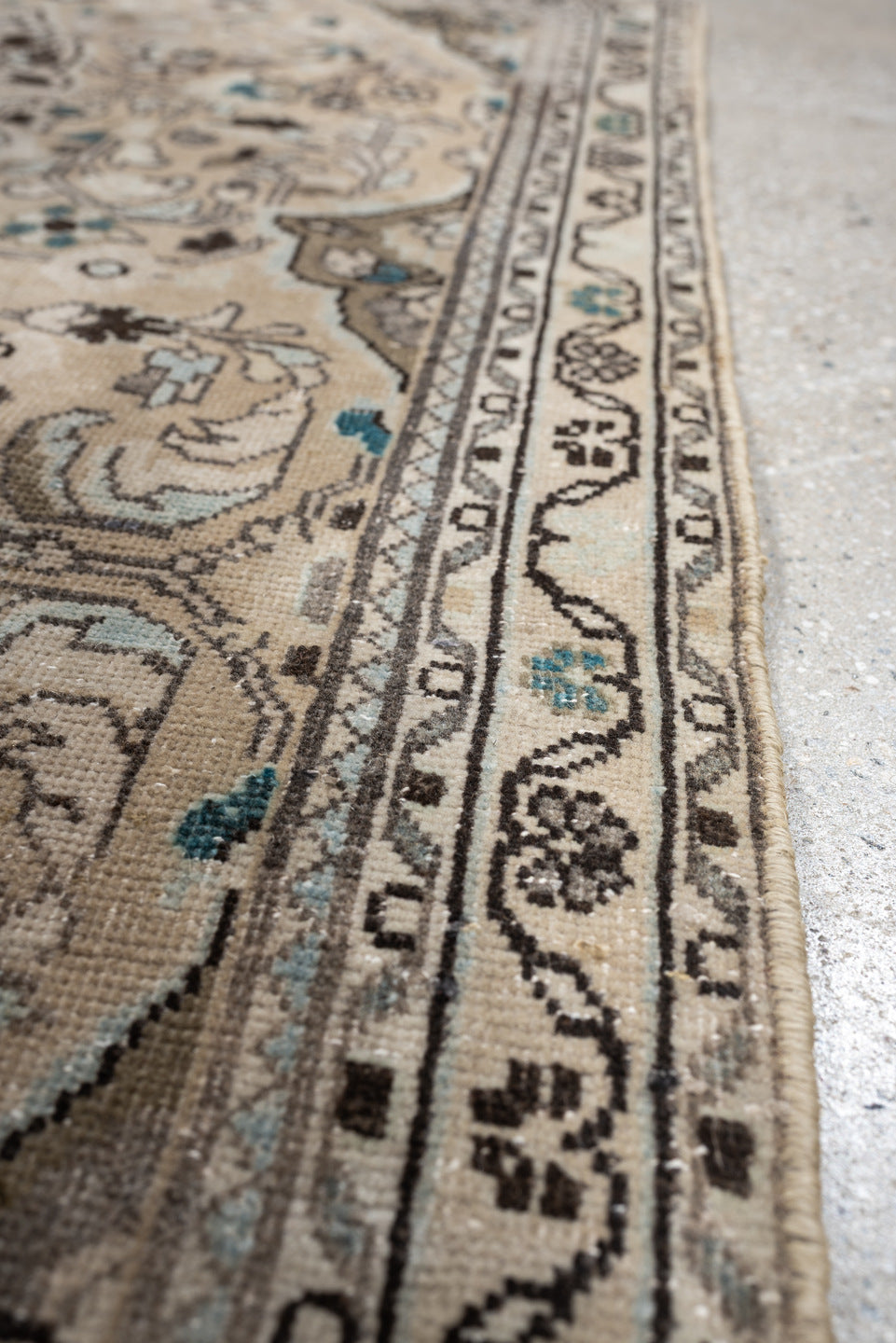 2' x 4' one-of-a-kind handmade antique Sarouk small size rug. Color palette: ivory, taupe, dark brown, teal, blue gray