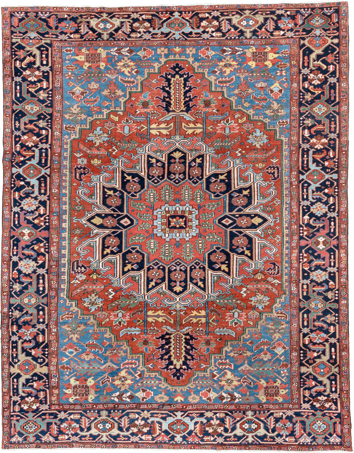 8' x 10' one-of-a-kind handmade antique Heriz large size rug. Color palette: rust, sky blue, navy, ivory, coral, sage, camel