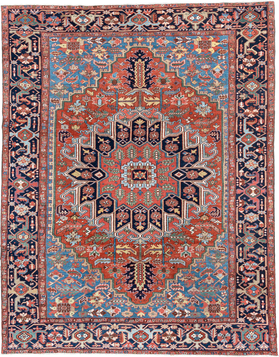 8' x 10' one-of-a-kind handmade antique Heriz large size rug. Color palette: rust, sky blue, navy, ivory, coral, sage, camel