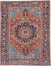 8' x 10' one-of-a-kind handmade antique Heriz large size rug. Color palette: rust, sky blue, navy, ivory, coral, sage, camel