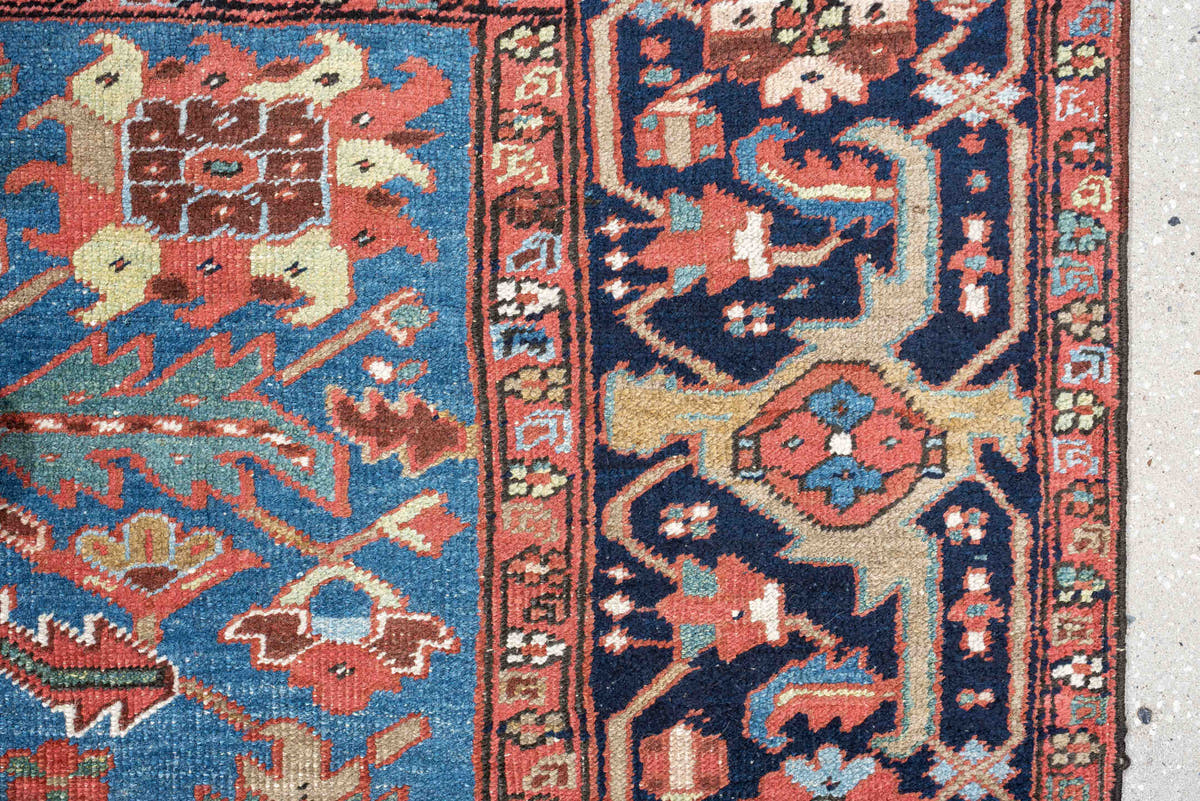 8' x 10' one-of-a-kind handmade antique Heriz large size rug. Color palette: rust, sky blue, navy, ivory, coral, sage, camel