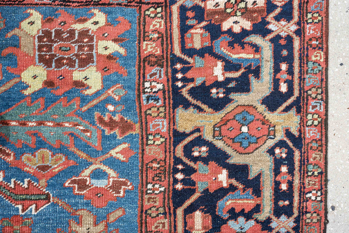 8' x 10' one-of-a-kind handmade antique Heriz large size rug. Color palette: rust, sky blue, navy, ivory, coral, sage, camel