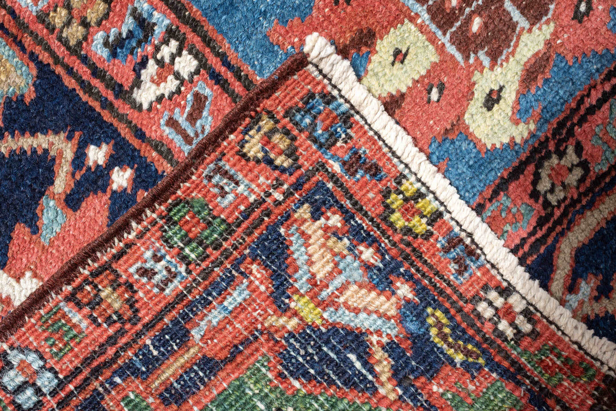 8' x 10' one-of-a-kind handmade antique Heriz large size rug. Color palette: rust, sky blue, navy, ivory, coral, sage, camel