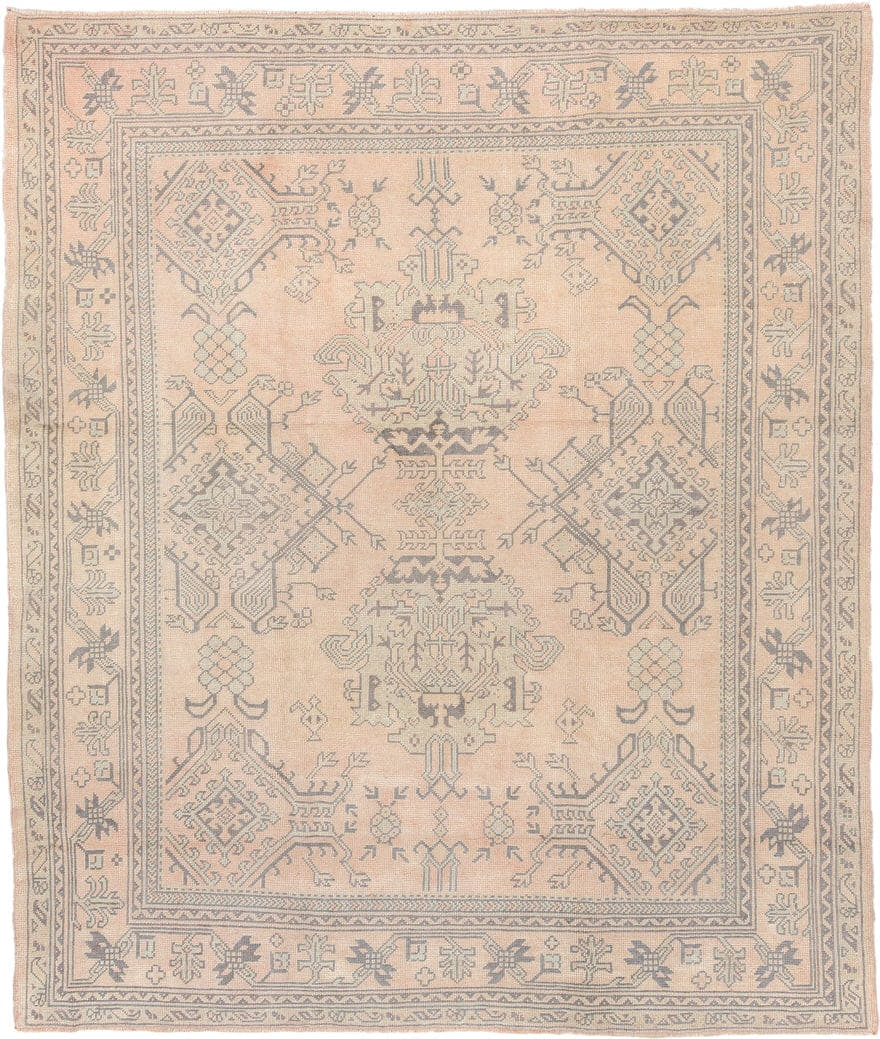 8' x 9' one-of-a-kind handmade antique Oushak large size rug. Color palette: peach, ivory, gray blue, taupe, sage, charcoal