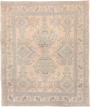 8' x 9' one-of-a-kind handmade antique Oushak large size rug. Color palette: peach, ivory, gray blue, taupe, sage, charcoal