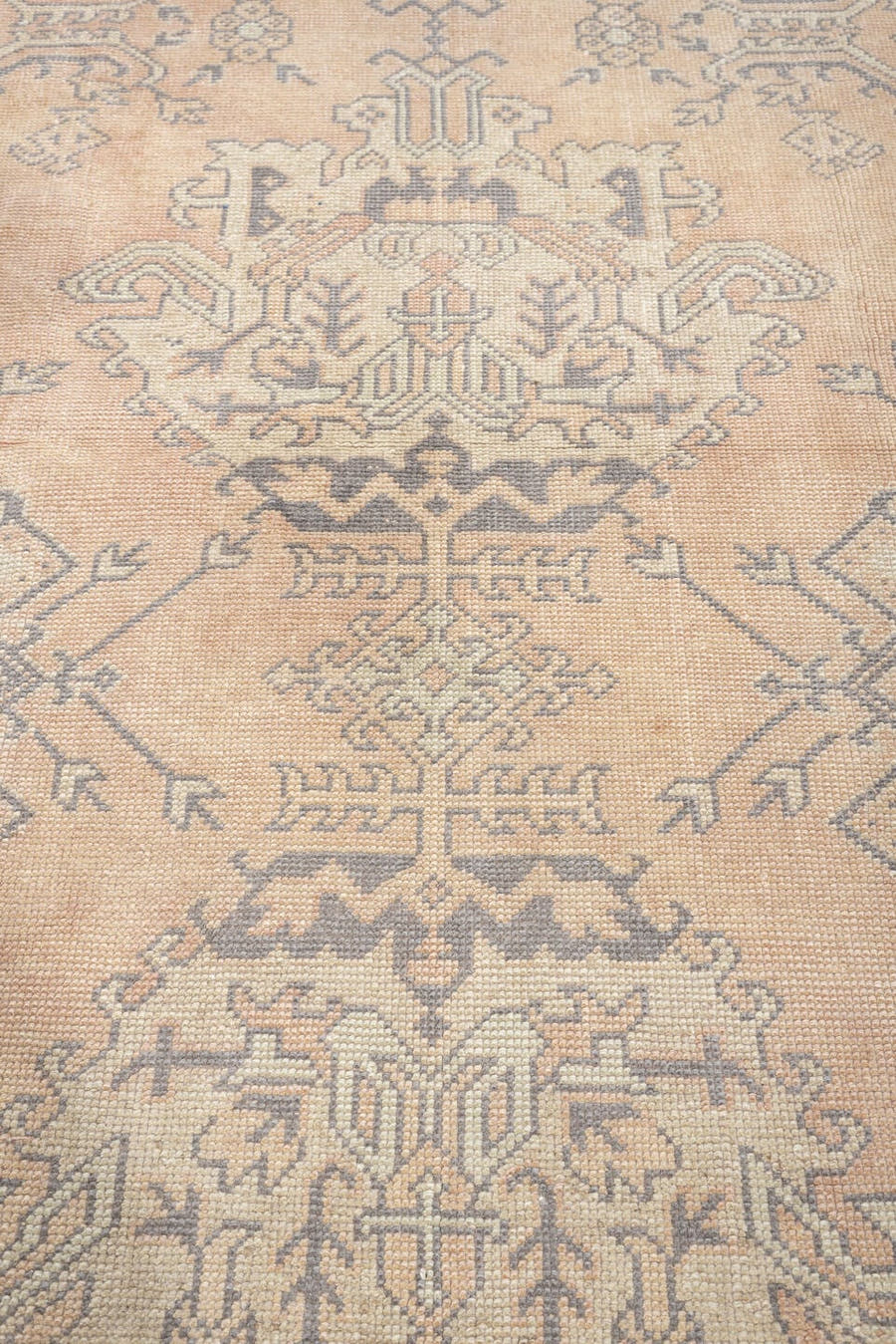 8' x 9' one-of-a-kind handmade antique Oushak large size rug. Color palette: peach, ivory, gray blue, taupe, sage, charcoal