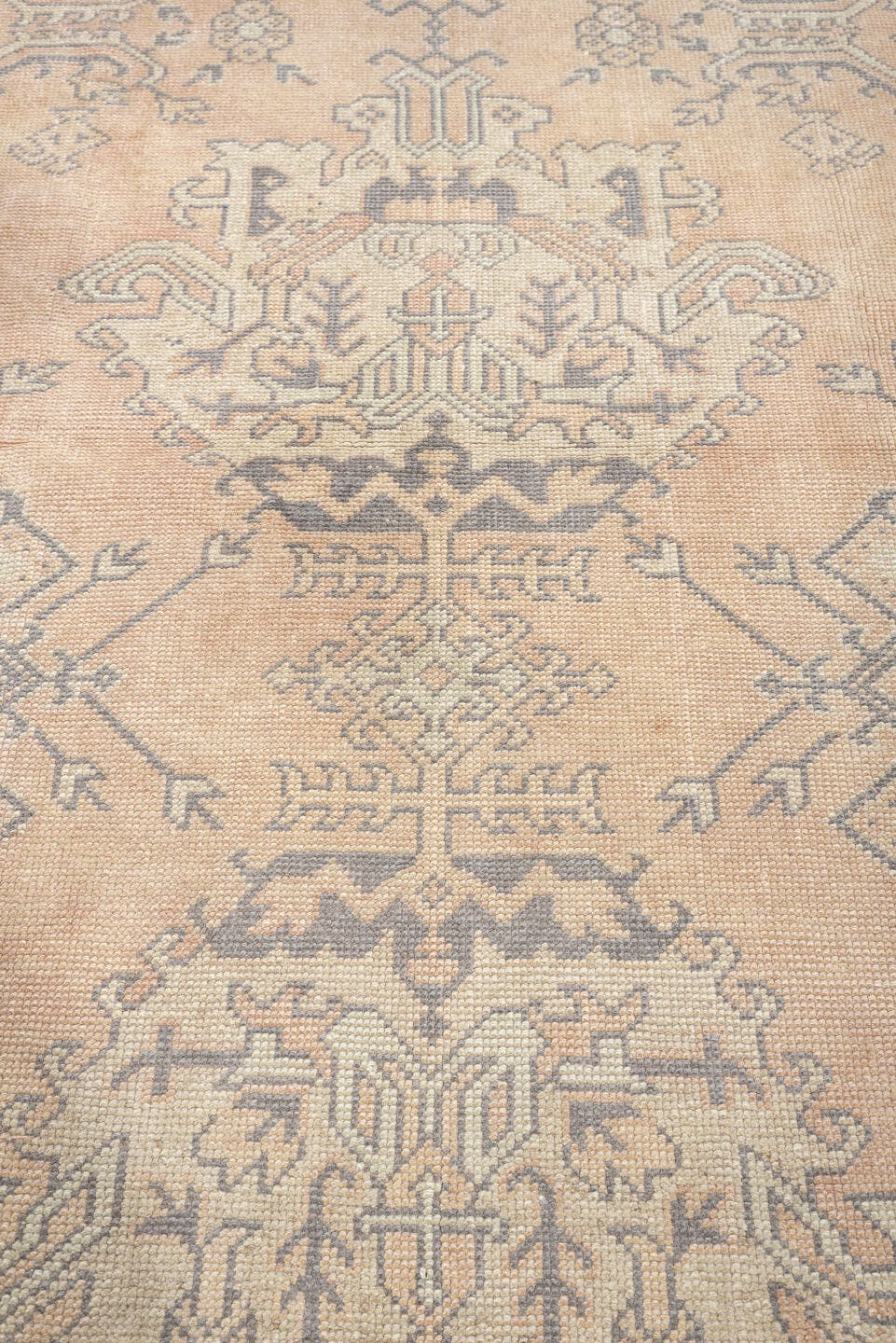 8' x 9' one-of-a-kind handmade antique Oushak large size rug. Color palette: peach, ivory, gray blue, taupe, sage, charcoal