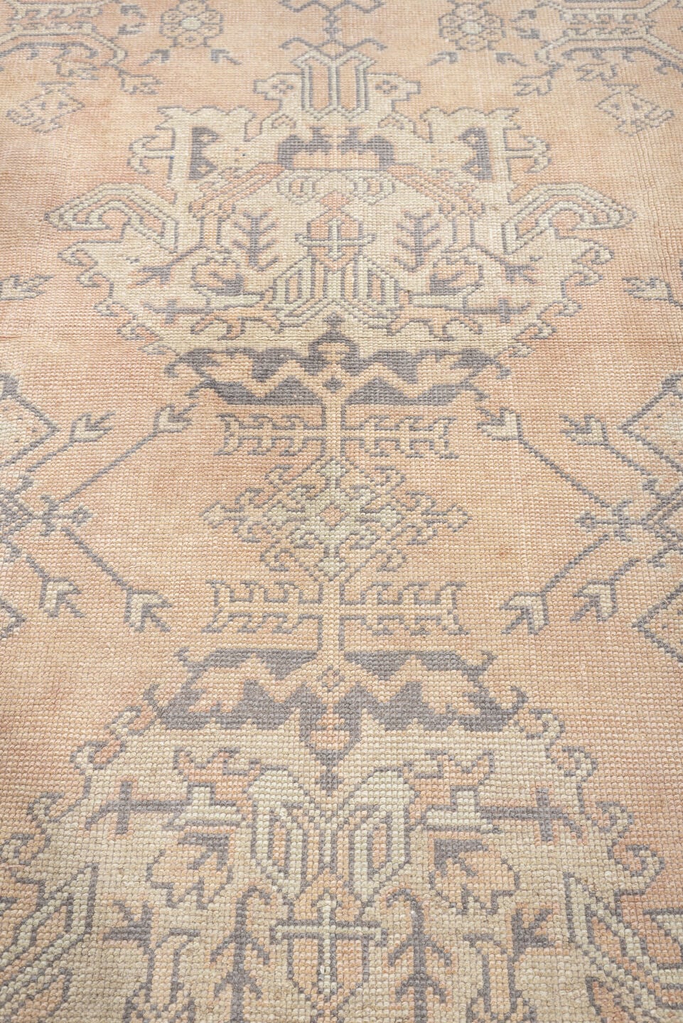 8' x 9' one-of-a-kind handmade antique Oushak large size rug. Color palette: peach, ivory, gray blue, taupe, sage, charcoal