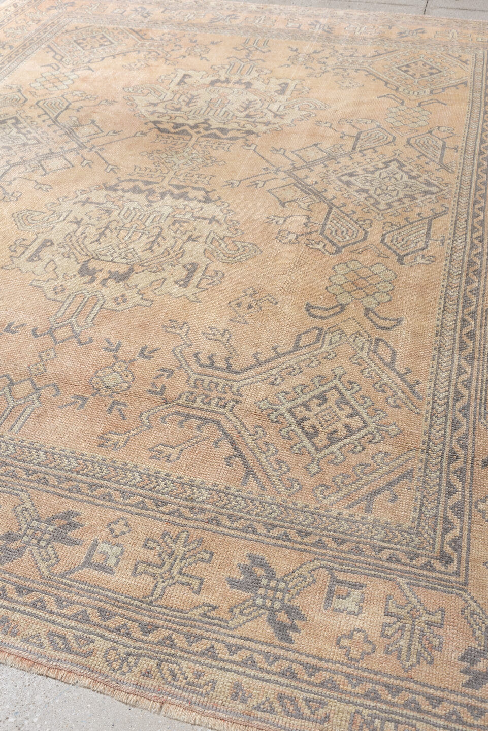 8' x 9' one-of-a-kind handmade antique Oushak large size rug. Color palette: peach, ivory, gray blue, taupe, sage, charcoal