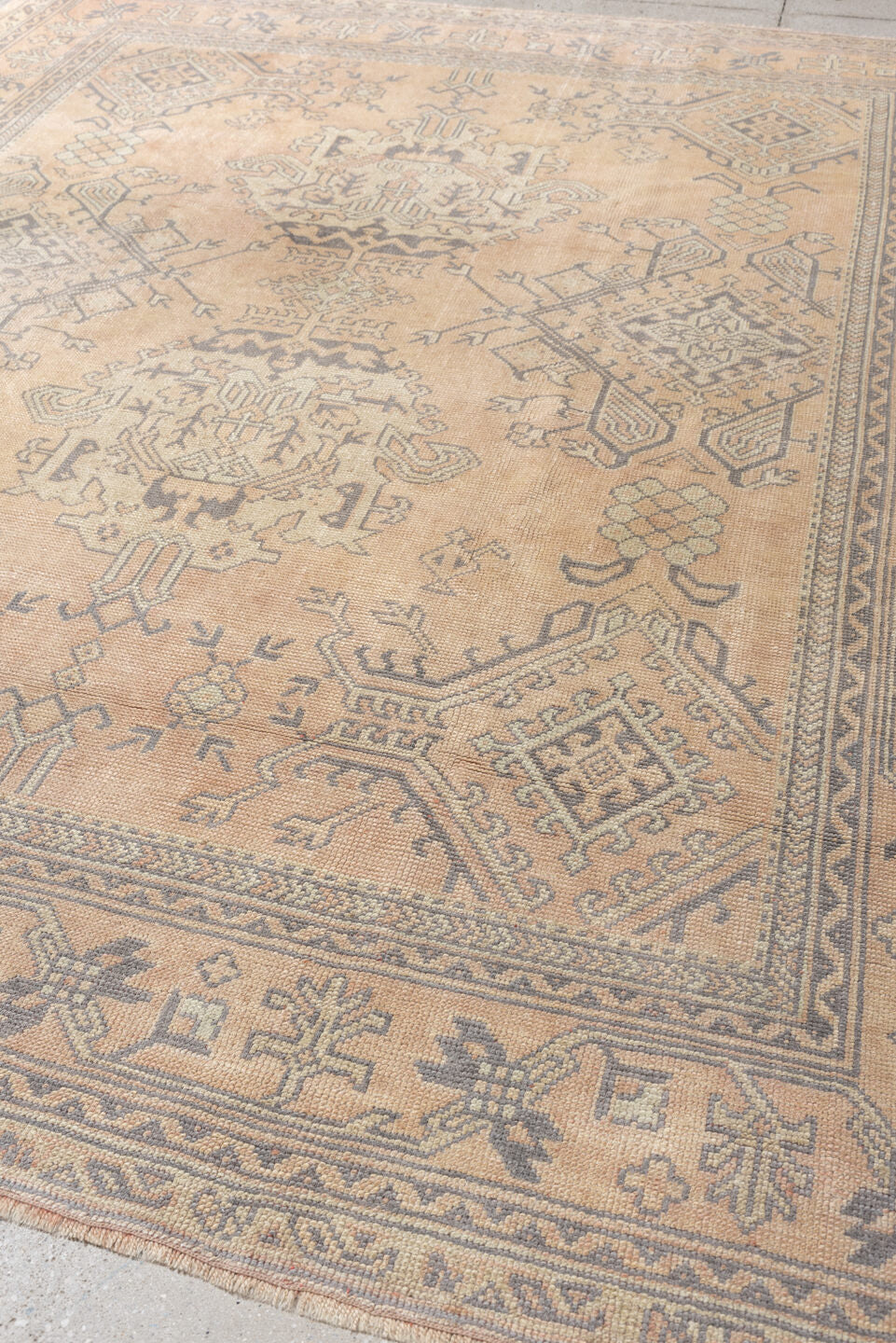 8' x 9' one-of-a-kind handmade antique Oushak large size rug. Color palette: peach, ivory, gray blue, taupe, sage, charcoal