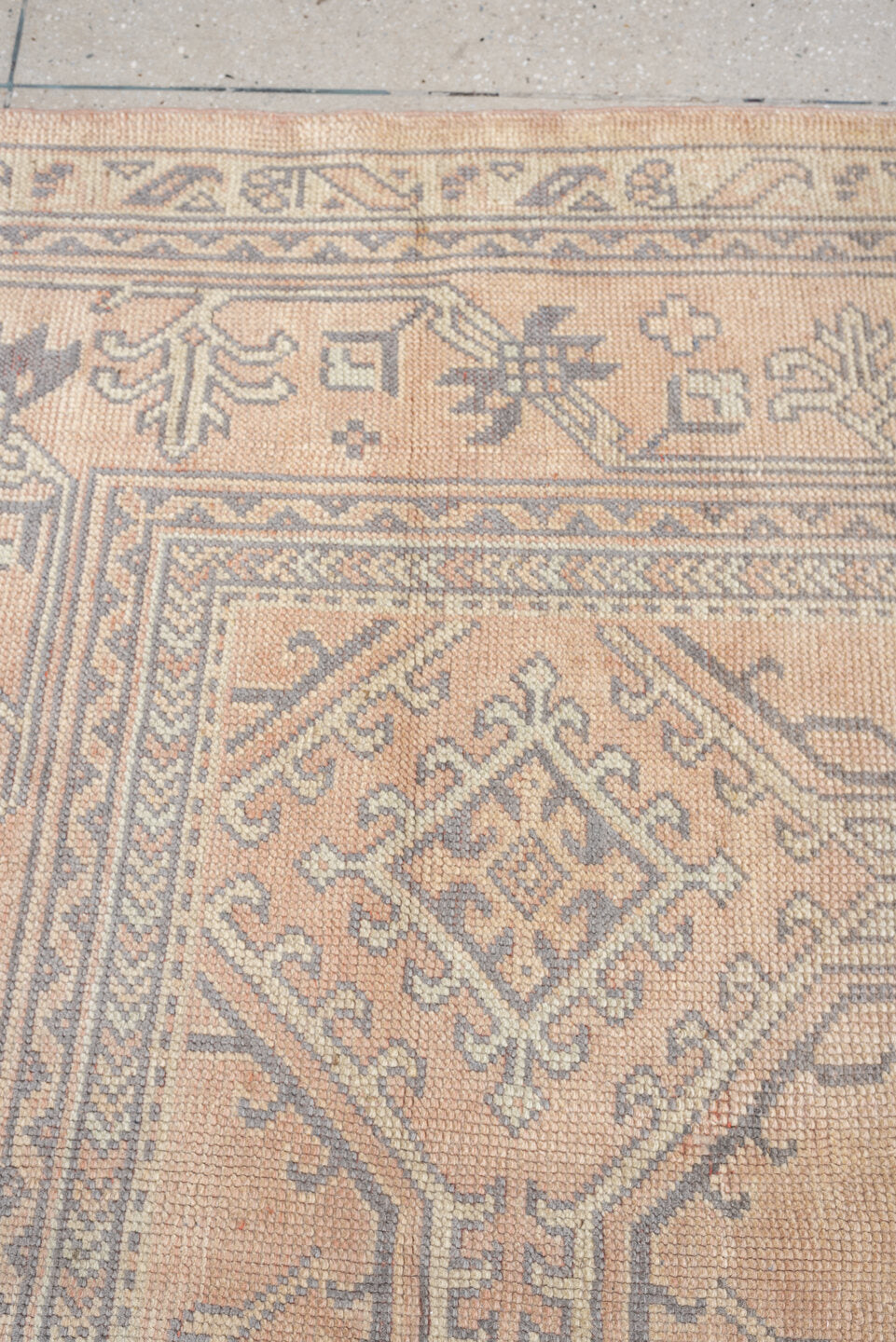 8' x 9' one-of-a-kind handmade antique Oushak large size rug. Color palette: peach, ivory, gray blue, taupe, sage, charcoal