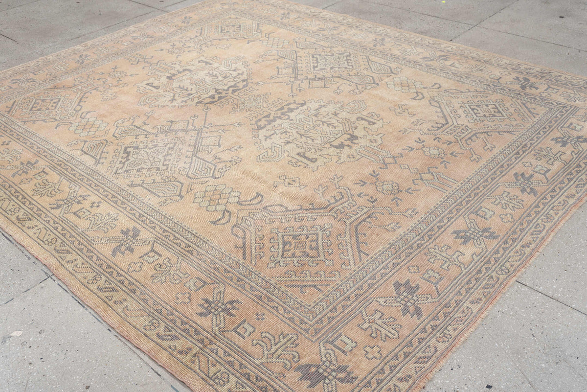 8' x 9' one-of-a-kind handmade antique Oushak large size rug. Color palette: peach, ivory, gray blue, taupe, sage, charcoal
