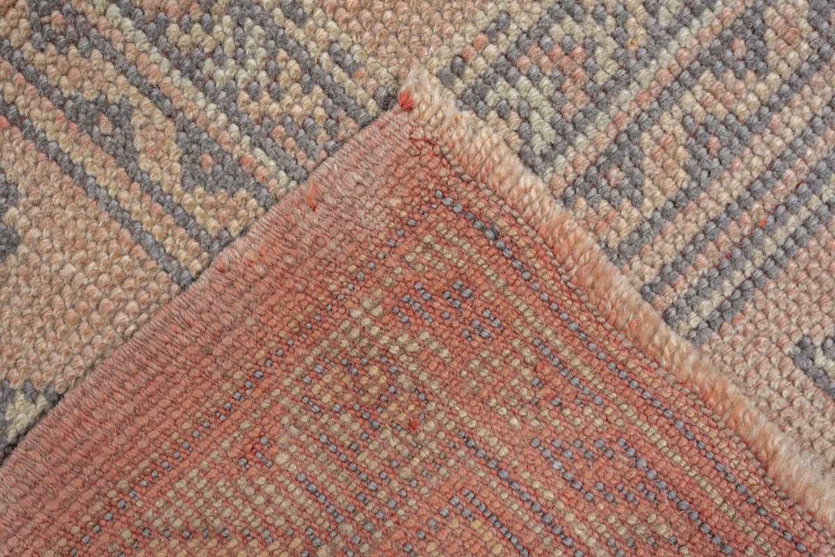 8' x 9' one-of-a-kind handmade antique Oushak large size rug. Color palette: peach, ivory, gray blue, taupe, sage, charcoal