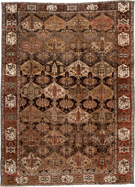 6' x 9' one-of-a-kind handmade vintage  medium size rug. Color palette: brown, rust, camel, ivory, charcoal, taupe