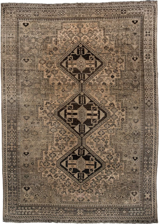 7' x 9' one-of-a-kind handmade vintage Shiraz large size rug. Color palette: ivory, taupe, charcoal, brown, camel, slate