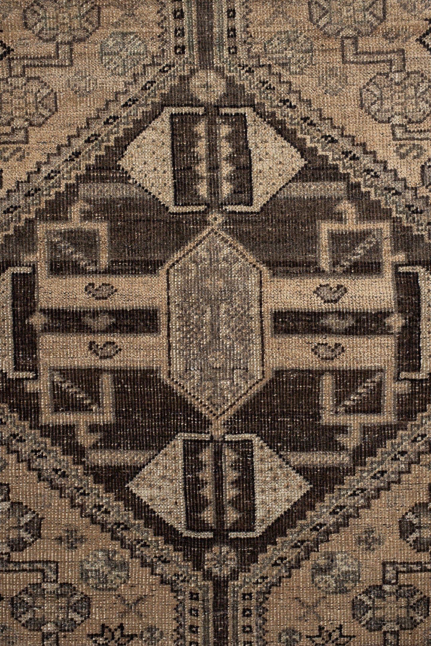 7' x 9' one-of-a-kind handmade vintage Shiraz large size rug. Color palette: ivory, taupe, charcoal, brown, camel, slate