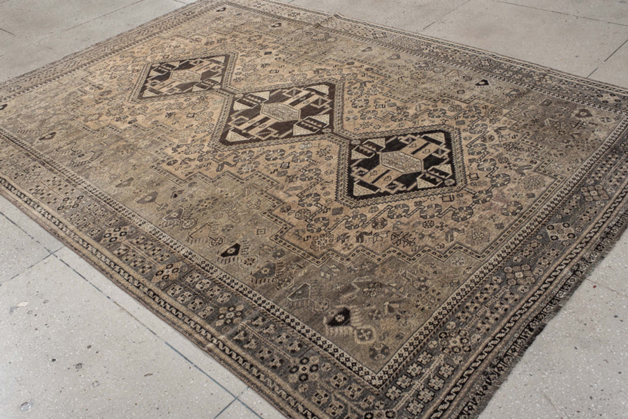 7' x 9' one-of-a-kind handmade vintage Shiraz large size rug. Color palette: ivory, taupe, charcoal, brown, camel, slate