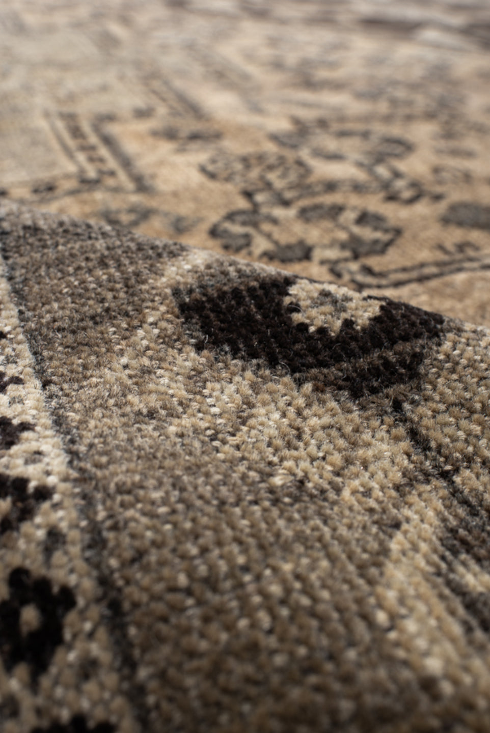 7' x 9' one-of-a-kind handmade vintage Shiraz large size rug. Color palette: ivory, taupe, charcoal, brown, camel, slate