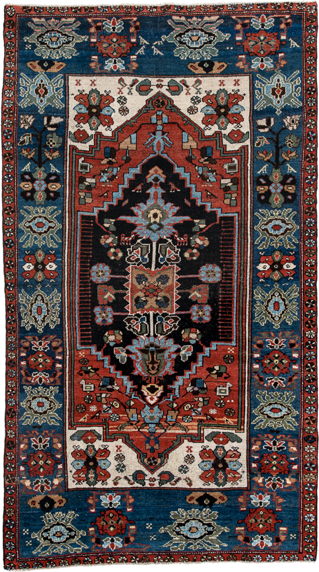 4' x 8' one-of-a-kind handmade vintage  rug. Color palette: navy, rust, ivory, sky blue, black, crimson, sage, camel, blue