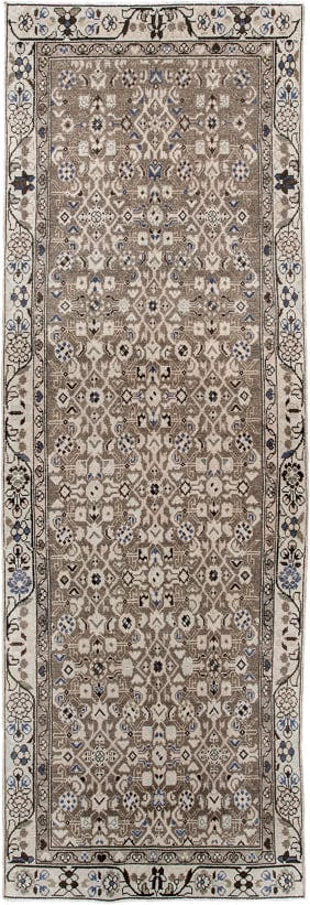 3' x 9' one-of-a-kind handmade vintage  runner rug. Color palette: taupe, ivory, brown, blue, charcoal, beige, gray, black