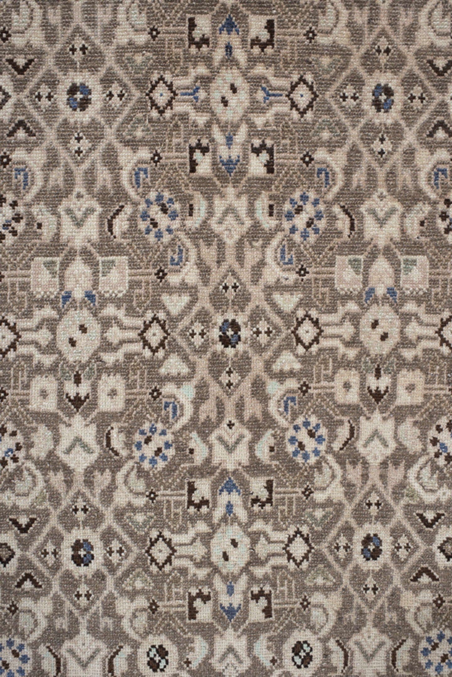 3' x 9' one-of-a-kind handmade vintage  runner rug. Color palette: taupe, ivory, brown, blue, charcoal, beige, gray, black