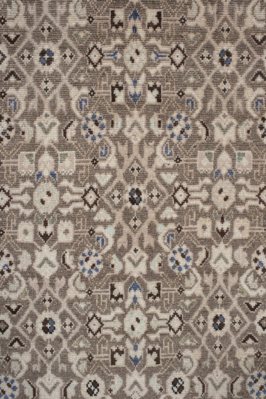 3' x 9' one-of-a-kind handmade vintage  runner rug. Color palette: taupe, ivory, brown, blue, charcoal, beige, gray, black