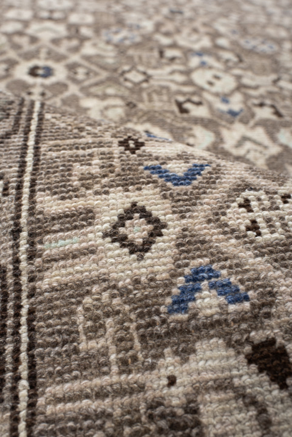 3' x 9' one-of-a-kind handmade vintage  runner rug. Color palette: taupe, ivory, brown, blue, charcoal, beige, gray, black