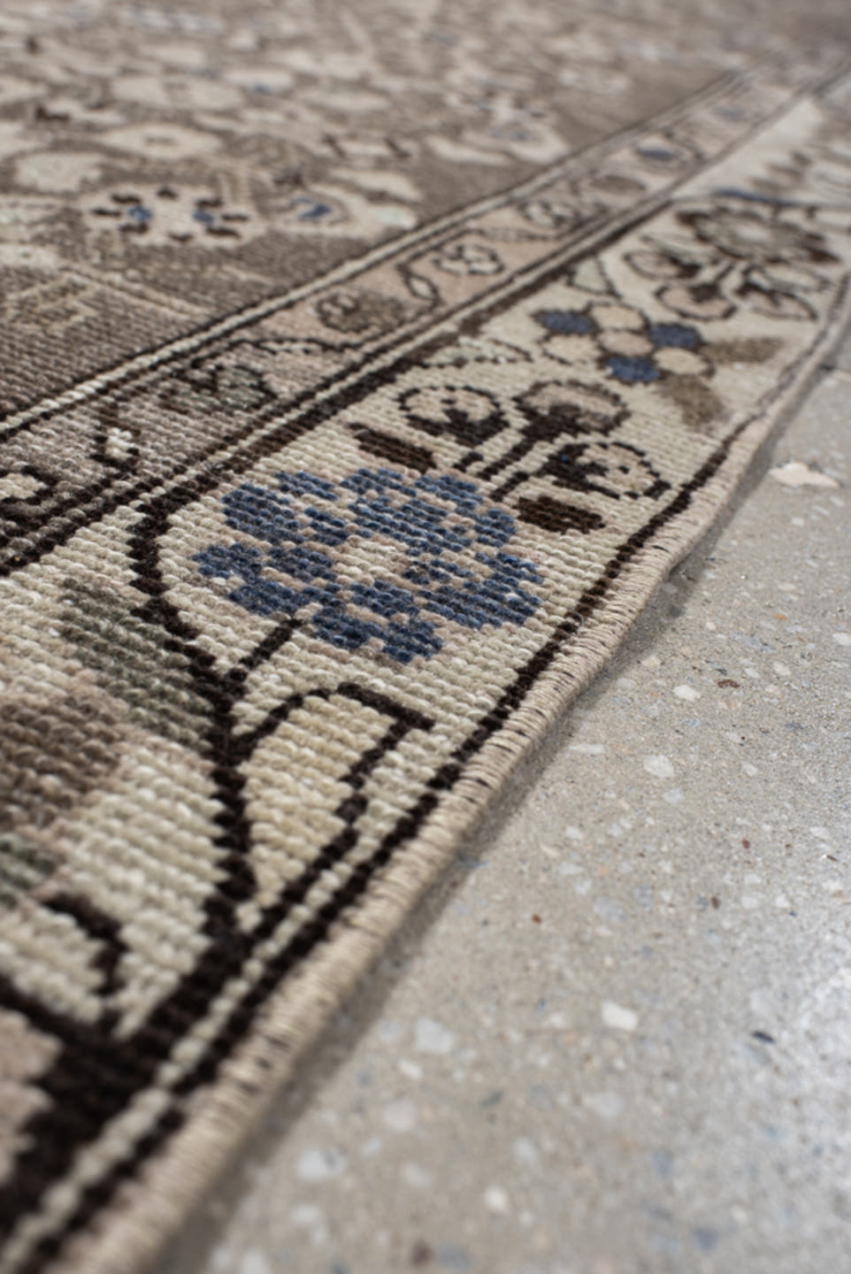3' x 9' one-of-a-kind handmade vintage  runner rug. Color palette: taupe, ivory, brown, blue, charcoal, beige, gray, black
