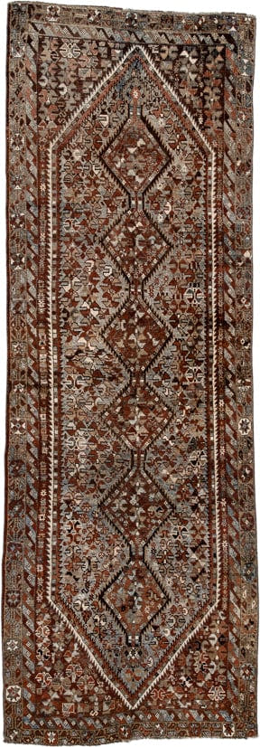 3' x 9' one-of-a-kind handmade vintage Shirvan runner rug. Color palette: rust, ivory, slate, brown, charcoal, taupe