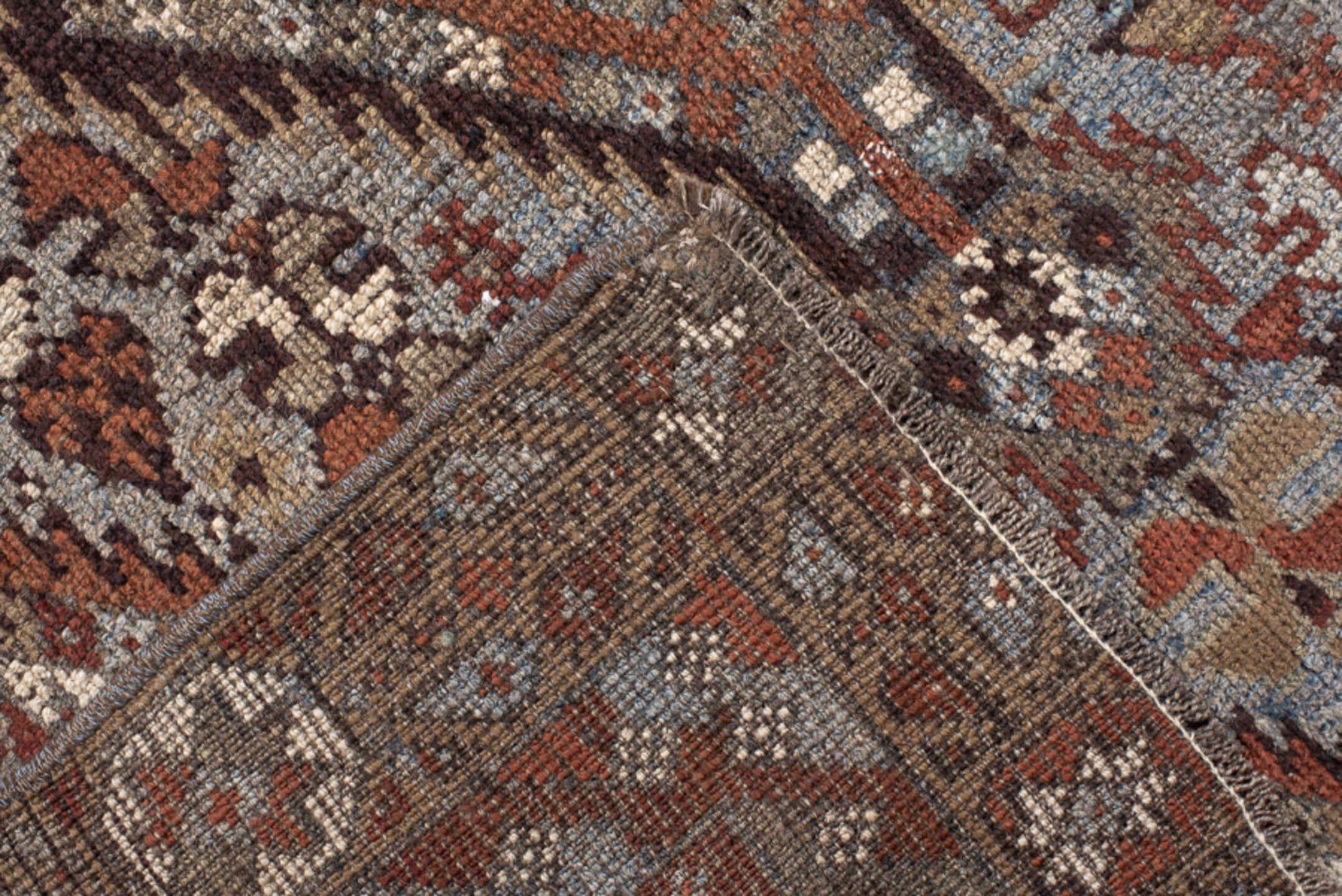 3' x 9' one-of-a-kind handmade vintage Shirvan runner rug. Color palette: rust, ivory, slate, brown, charcoal, taupe