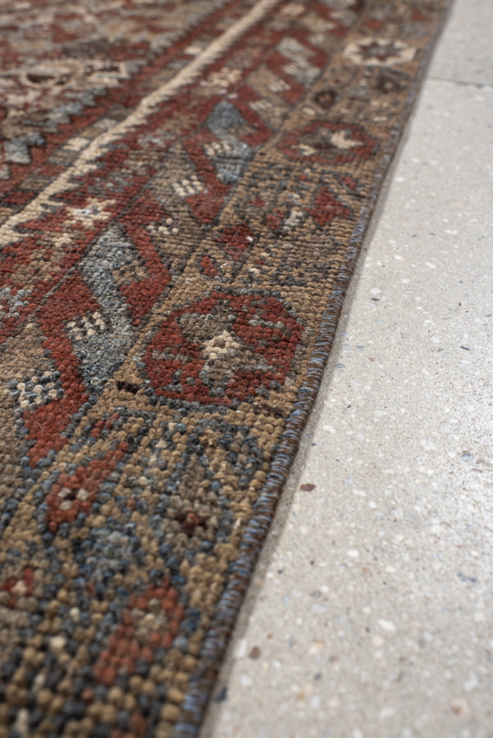 3' x 9' one-of-a-kind handmade vintage Shirvan runner rug. Color palette: rust, ivory, slate, brown, charcoal, taupe