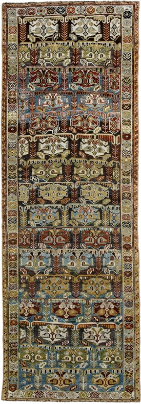 3' x 9' one-of-a-kind handmade vintage NW Persian runner rug. Color palette: ivory, sky blue, olive, rust, brown, charcoal