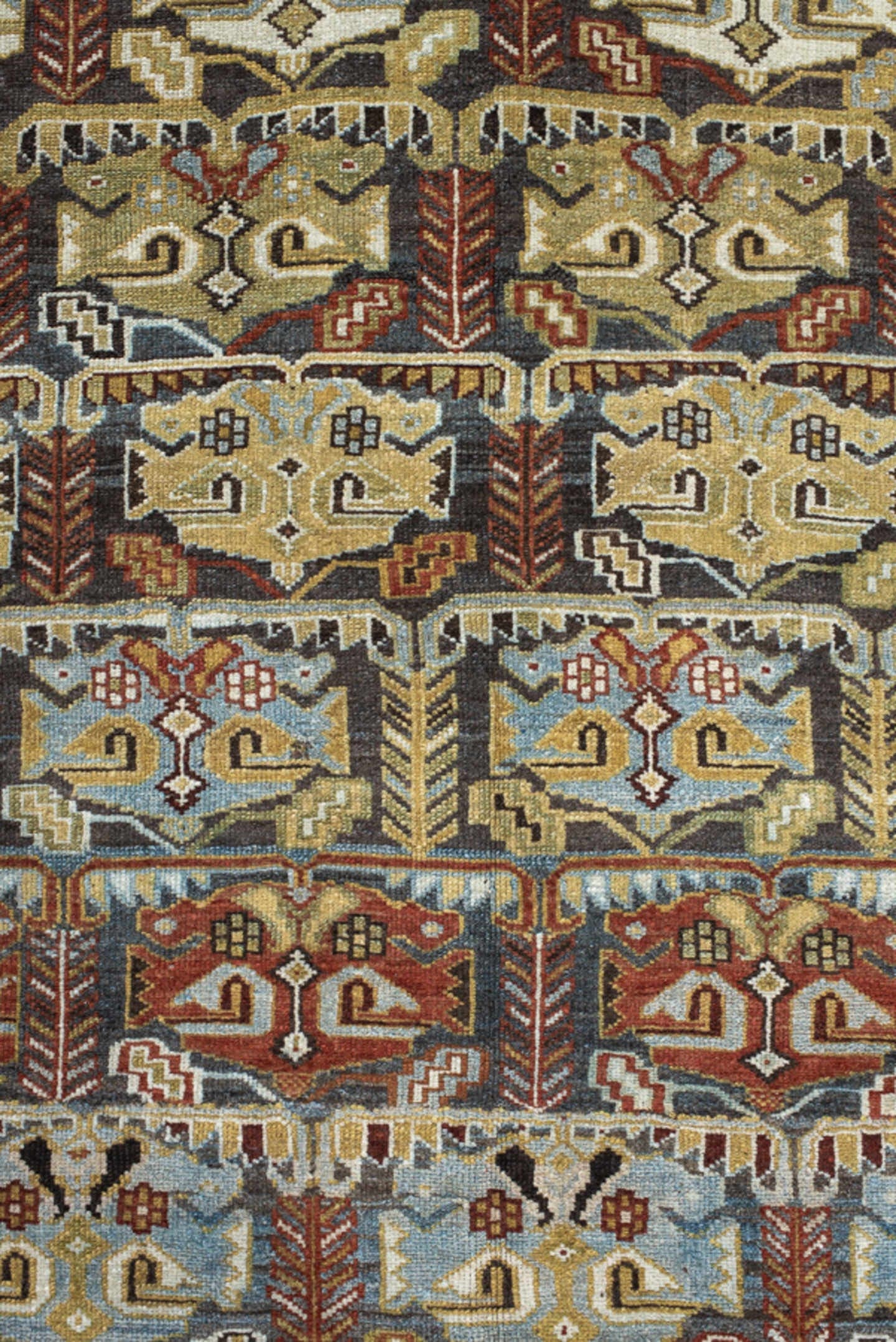 3' x 9' one-of-a-kind handmade vintage NW Persian runner rug. Color palette: ivory, sky blue, olive, rust, brown, charcoal
