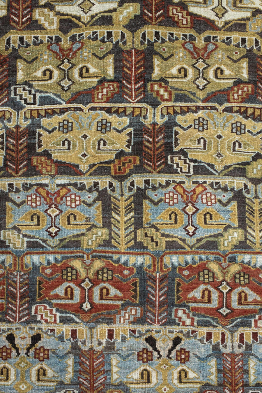 3' x 9' one-of-a-kind handmade vintage NW Persian runner rug. Color palette: ivory, sky blue, olive, rust, brown, charcoal