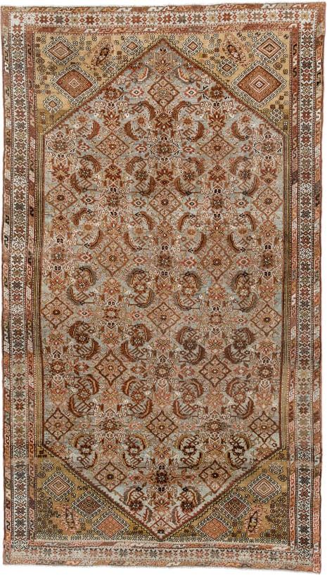 5' x 9' one-of-a-kind handmade vintage Malayer medium size rug. Color palette: ivory, camel, rust, brown, taupe, terracotta