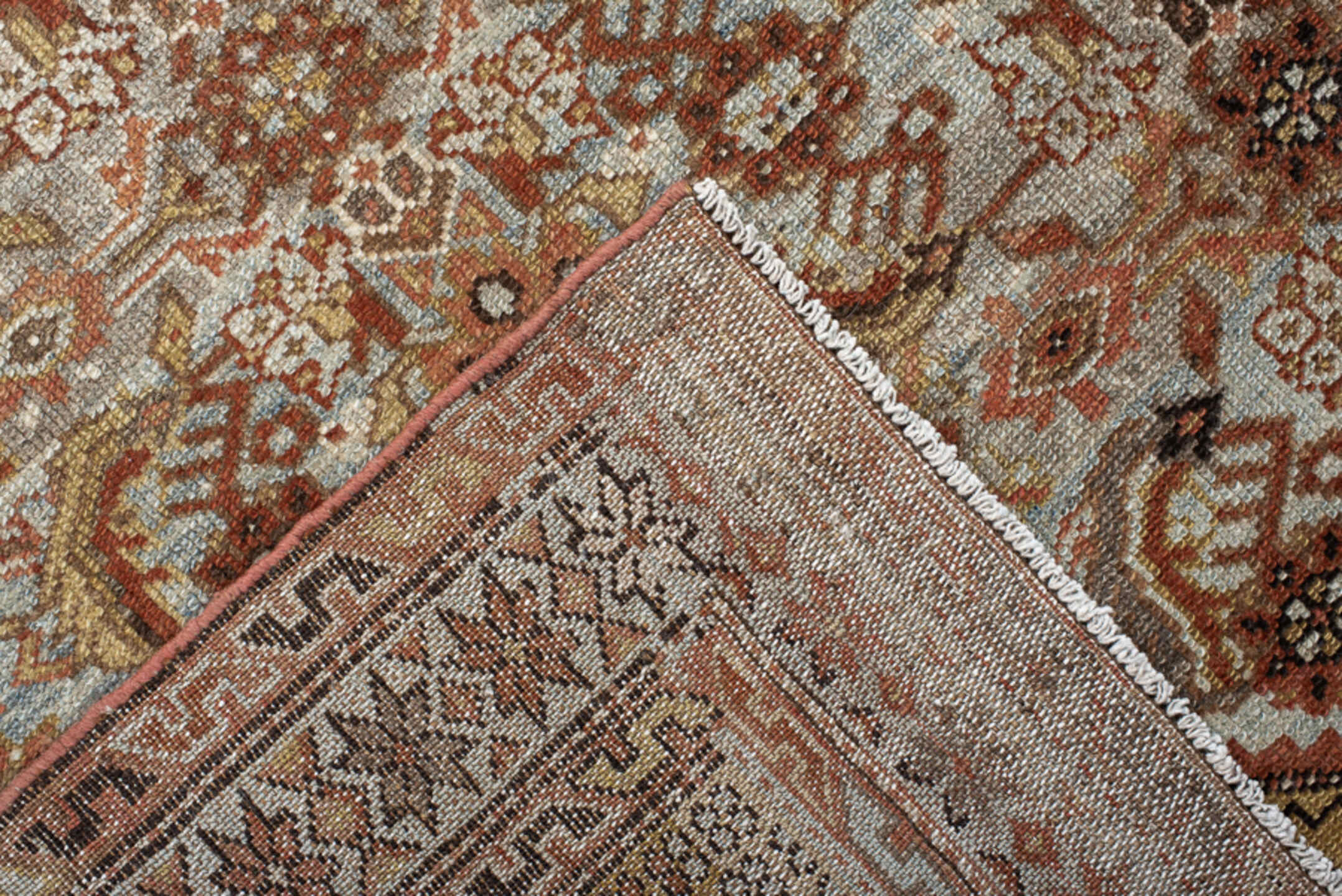 5' x 9' one-of-a-kind handmade vintage Malayer medium size rug. Color palette: ivory, camel, rust, brown, taupe, terracotta