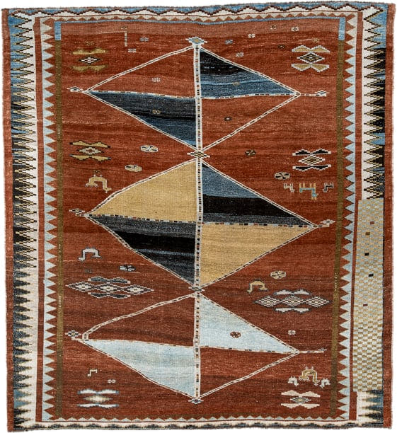 6' x 7' one-of-a-kind handmade vintage Gabbe rug. Color palette: rust, ivory, sky_blue, camel, charcoal, slate, olive