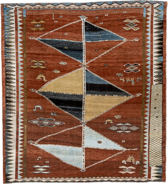 6' x 7' one-of-a-kind handmade vintage Gabbe rug. Color palette: rust, ivory, sky_blue, camel, charcoal, slate, olive