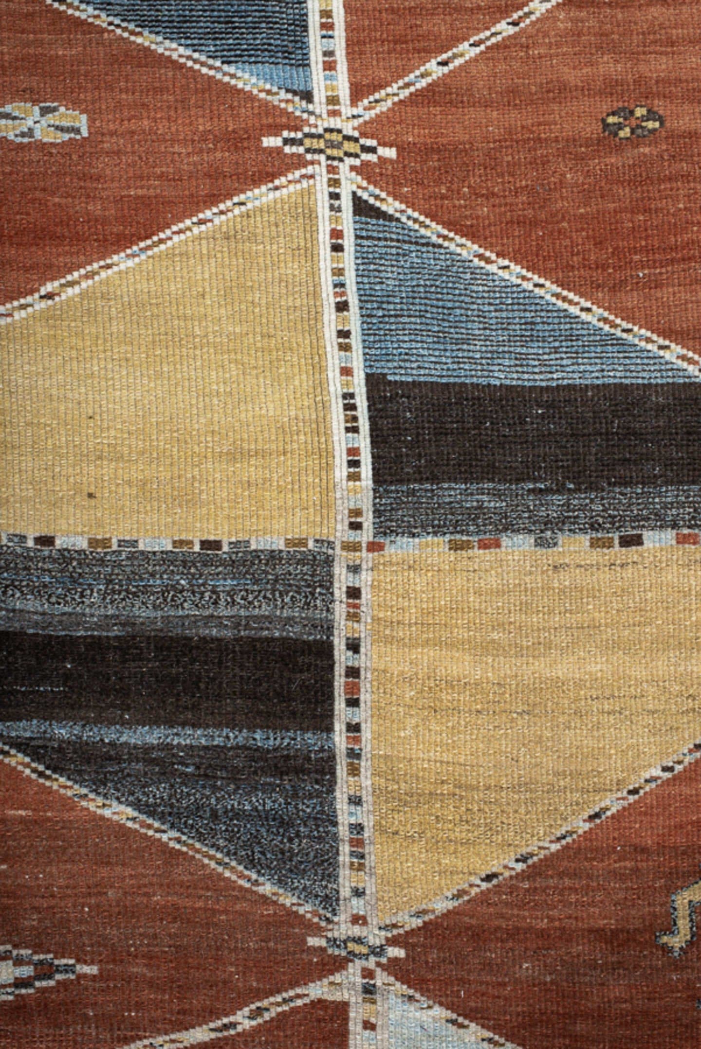 6' x 7' one-of-a-kind handmade vintage Gabbe rug. Color palette: rust, ivory, sky_blue, camel, charcoal, slate, olive