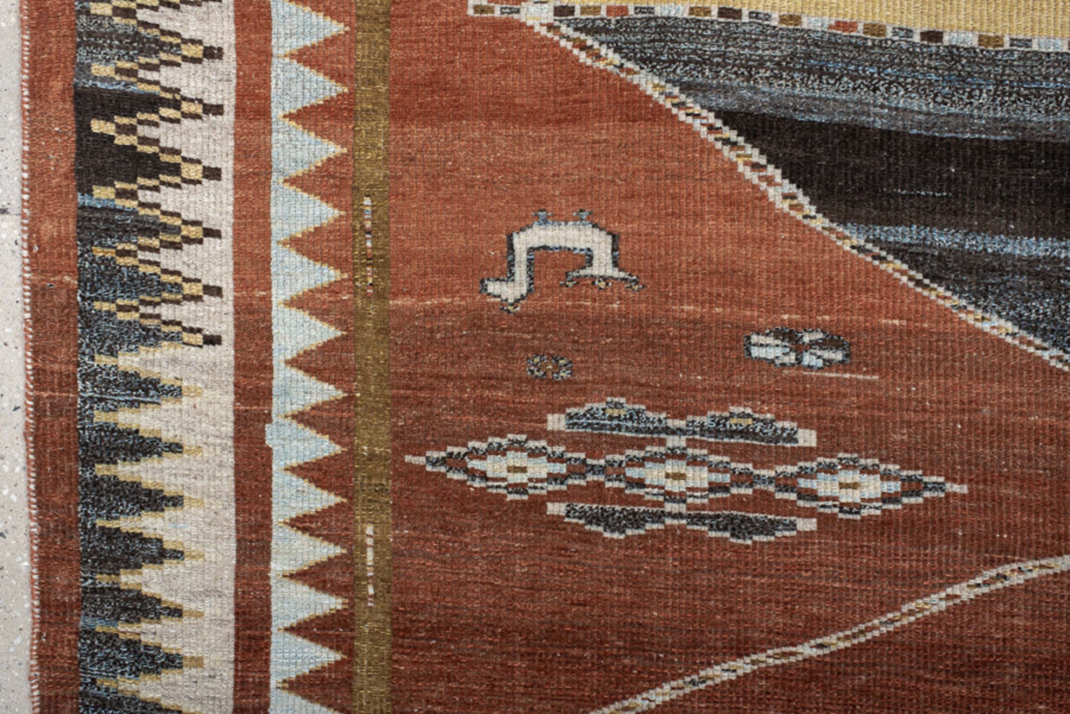 6' x 7' one-of-a-kind handmade vintage Gabbe rug. Color palette: rust, ivory, sky_blue, camel, charcoal, slate, olive