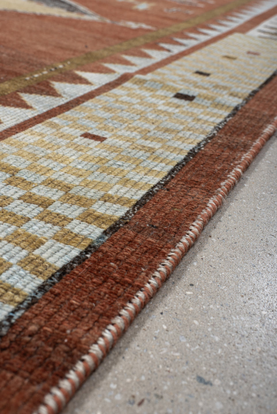 6' x 7' one-of-a-kind handmade vintage Gabbe rug. Color palette: rust, ivory, sky_blue, camel, charcoal, slate, olive