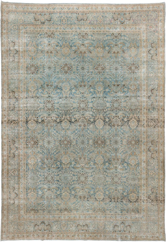 11' x 16' one-of-a-kind handmade vintage Tabriz oversize rug. Color palette: pale blue, ivory, taupe, beige, brown, camel