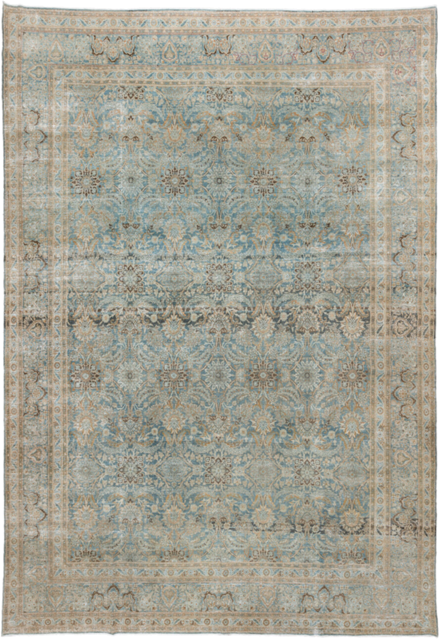 11' x 16' one-of-a-kind handmade vintage Tabriz oversize rug. Color palette: pale blue, ivory, taupe, beige, brown, camel