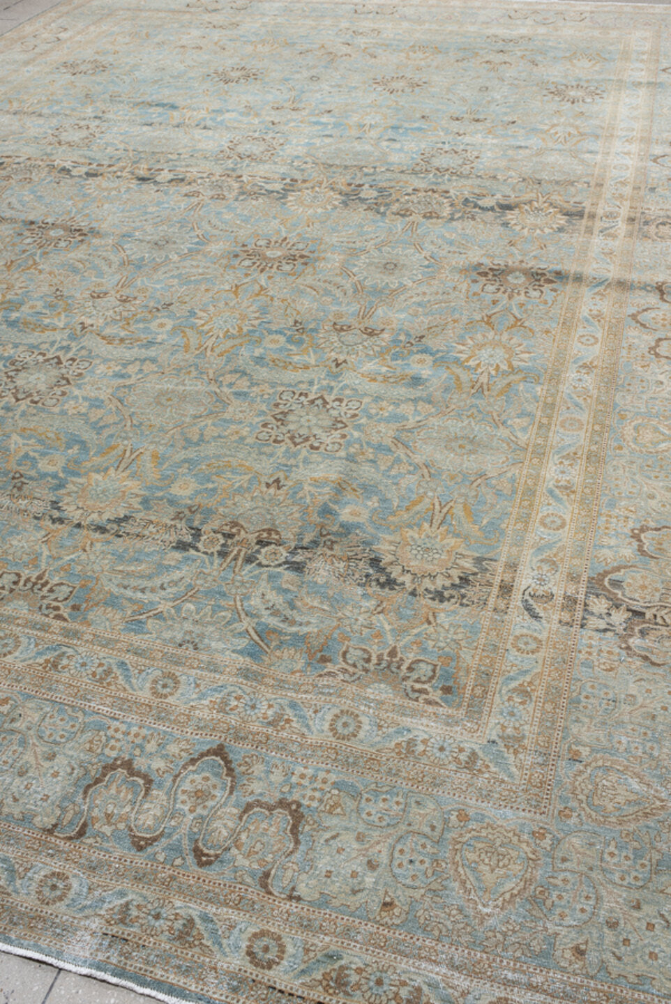 11' x 16' one-of-a-kind handmade vintage Tabriz oversize rug. Color palette: pale blue, ivory, taupe, beige, brown, camel