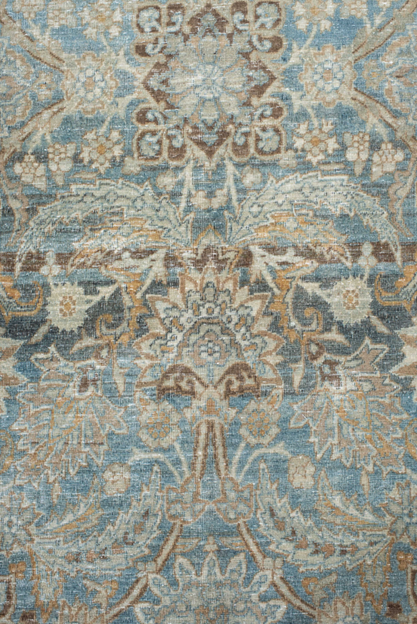 11' x 16' one-of-a-kind handmade vintage Tabriz oversize rug. Color palette: pale blue, ivory, taupe, beige, brown, camel
