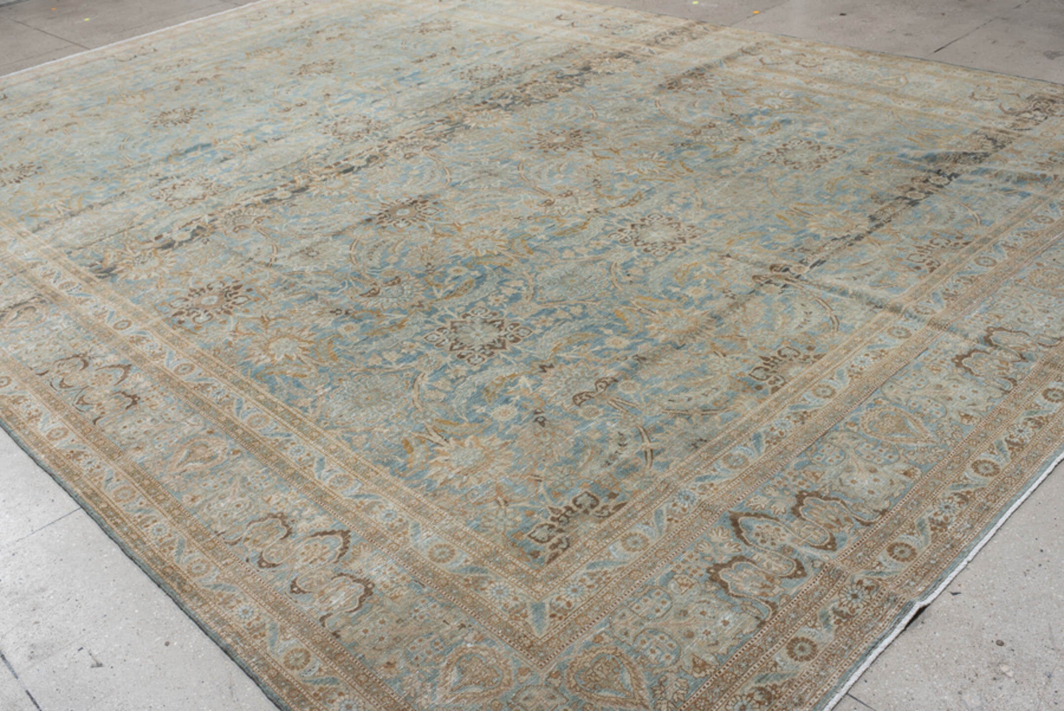11' x 16' one-of-a-kind handmade vintage Tabriz oversize rug. Color palette: pale blue, ivory, taupe, beige, brown, camel