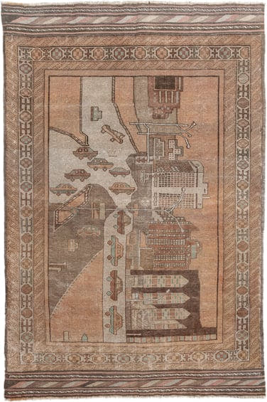 4' x 6' one-of-a-kind handmade vintage Belouch small size rug. Color palette: camel, taupe, brown, ivory, charcoal, rose