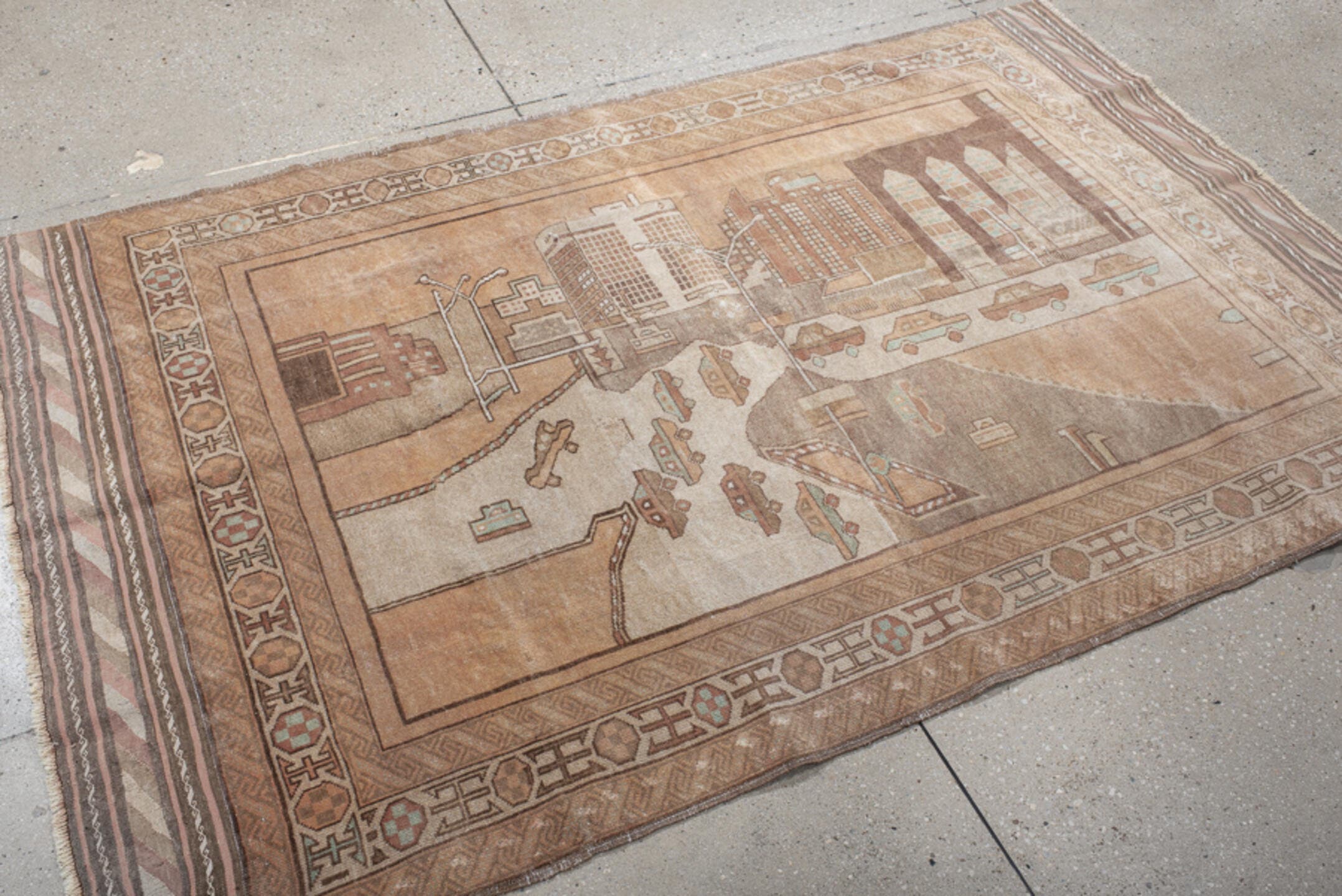 4' x 6' one-of-a-kind handmade vintage Belouch small size rug. Color palette: camel, taupe, brown, ivory, charcoal, rose